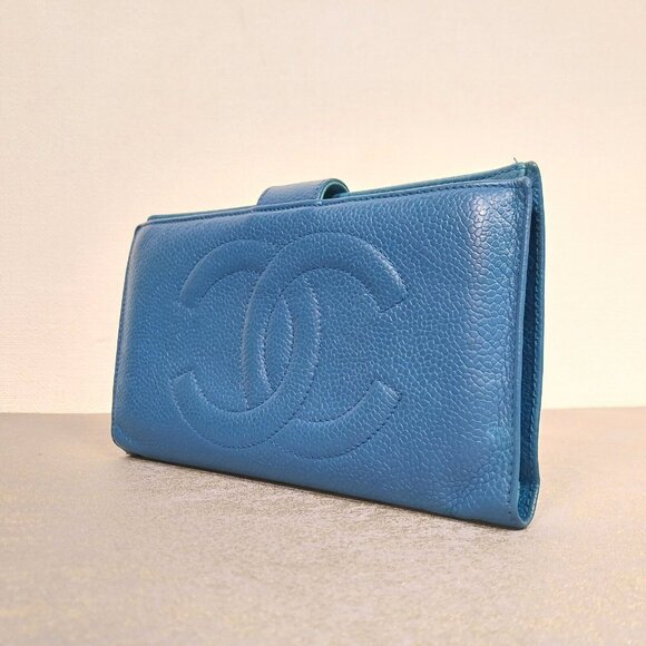 🔥💎 Chanel Caviar Kiss Lock Leather CC Logo Long Wallet Purse Blue Full set - Picture 5 of 16